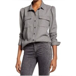 TREASURE AND BOND Puff Shoulder Button-Up Top in GINGHAM